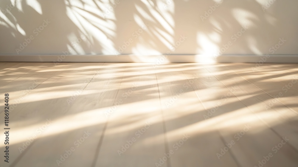 Poster sunlight casting shadows of leaves on wooden floor creating soothing natural pattern : generative ai