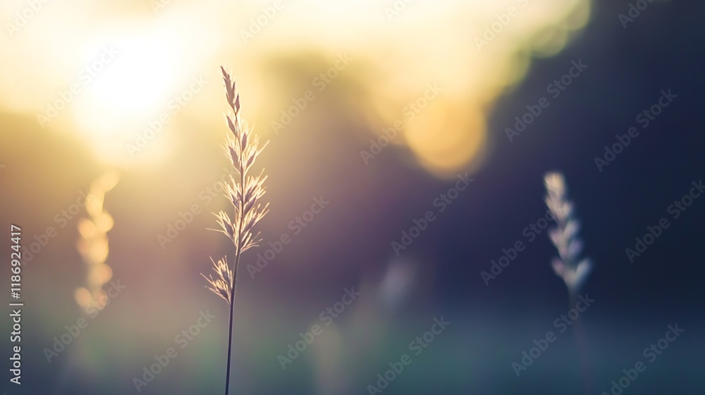 Poster serene nature scene with sunlit tall grass in a blurred background : generative ai