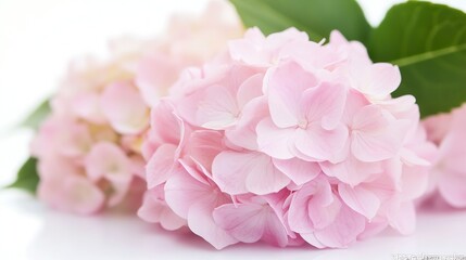 Delicate Soft Pink Hydrangea Flowers with Lush Green Leaves on White : Generative AI