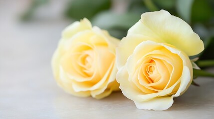 Fototapeta premium Closeup of Beautiful Yellow Roses with Soft Focus and Green Leaves : Generative AI