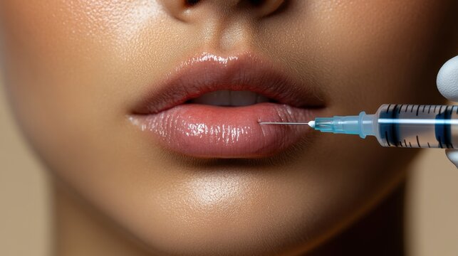 Cosmetic procedure showcasing lip enhancement injection with a syringe and plump lips as the focal point in a clinical setting