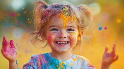 Child joyfully celebrating with colorful powder in a bright outdoor setting during a festival in springtime, capturing the essence of happiness and playfulness