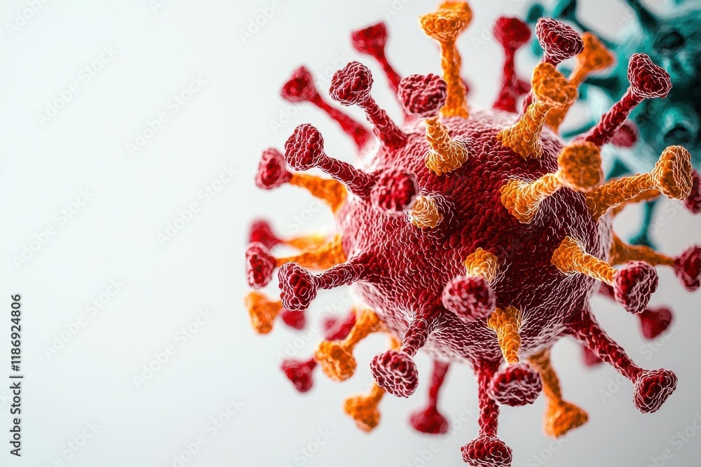 Poster illustration of a virus structure depicting various proteins, highlighting its complexity in a vibra
