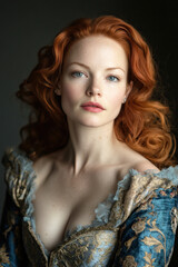 A beautiful woman with red hair, wearing a blue and golden Rococo dress