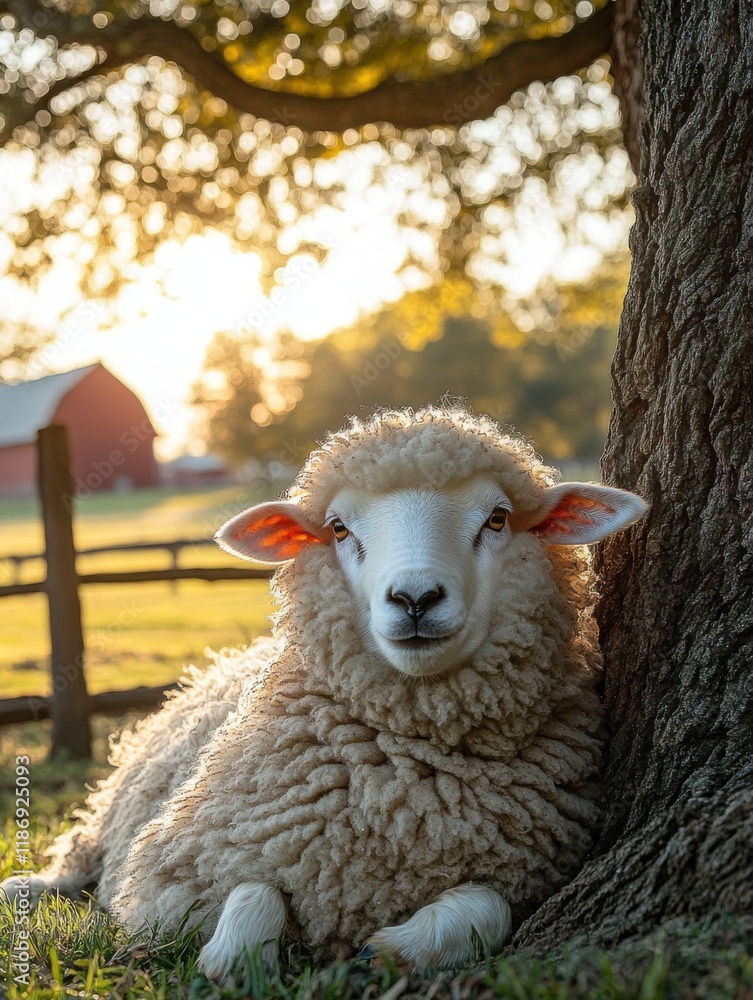 Aufkleber sheep resting under a tree in a serene rural setting at sunset with a red barn in the background