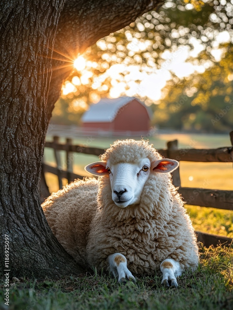 Poster sheep relaxing under a tree at sunset in a peaceful rural setting with a red barn in the background