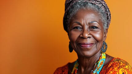 Obraz premium Elderly woman with a warm smile poses against a vibrant orange background showcasing her cultural attire and accessories