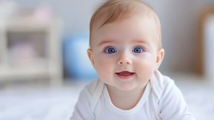 Adorable BlueEyed Baby in White Onesie Smiling on Cozy Surface in Soft Natural Light : Generative AI