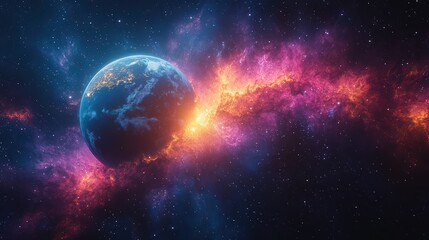 Obraz premium Space background with the planet Earth and a colorful nebula, in a blue, purple, and magenta color scheme