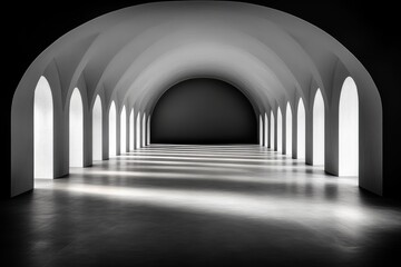 Obraz premium Contemporary architecture showcases an expansive hall with arched windows and dramatic lighting effects in a minimalist space