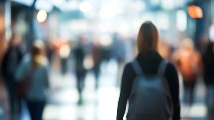 Anonymous Woman in Busy City Street Surrounded by Pedestrians and Bright City Lights : Generative AI