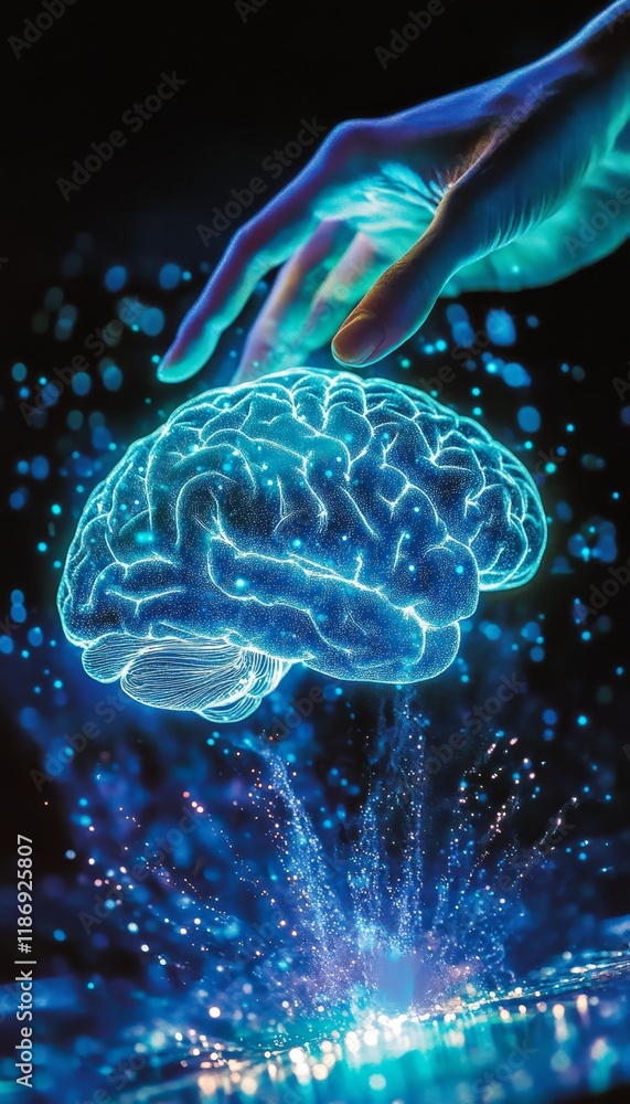 Poster digital interface with holographic brain. futuristic technology and artificial intelligence concept.