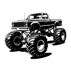 Monster truck with large wheels and elevated suspension, showcasing its rugged design and powerful presence. Monster Truck Vector Graphics Vector. Wheels Bigger Dreams Art Off Road in Illustration