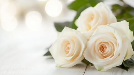 Soft Cream White Roses with Green Leaves on Light Rustic Table Setting : Generative AI
