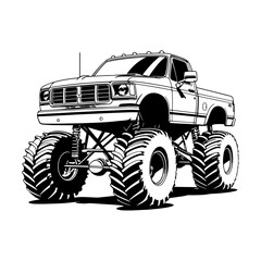 Monster truck with large wheels and elevated suspension, showcasing its rugged design and powerful presence. Monster Truck Vector Graphics Vector. Wheels Bigger Dreams Art Off Road in Illustration