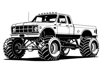 Monster truck with large wheels and elevated suspension, showcasing its rugged design and powerful presence. Monster Truck Vector Graphics Vector. Wheels Bigger Dreams Art Off Road in Illustration © StudioWorld