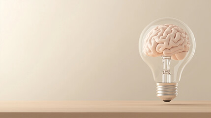 Conceptual representation of innovation with a brain inside a lightbulb on wooden tabletop against a simple background. Generative AI