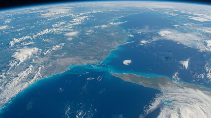 Fototapeta premium Earth's coastline from space; clouds, ocean, land. Travel, geography.