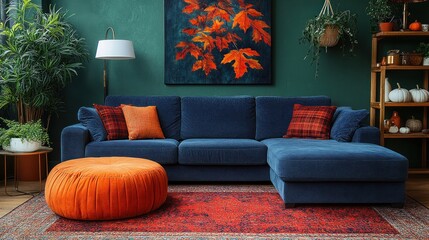 Autumnal living room with blue sectional sofa, orange ottoman, and fall decor.