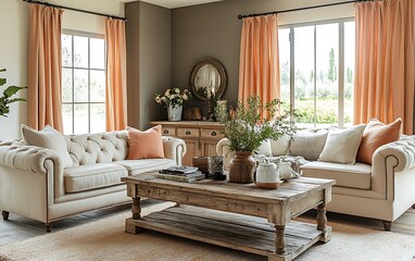 Cozy living room with peach curtains, wooden coffee table, and natural light