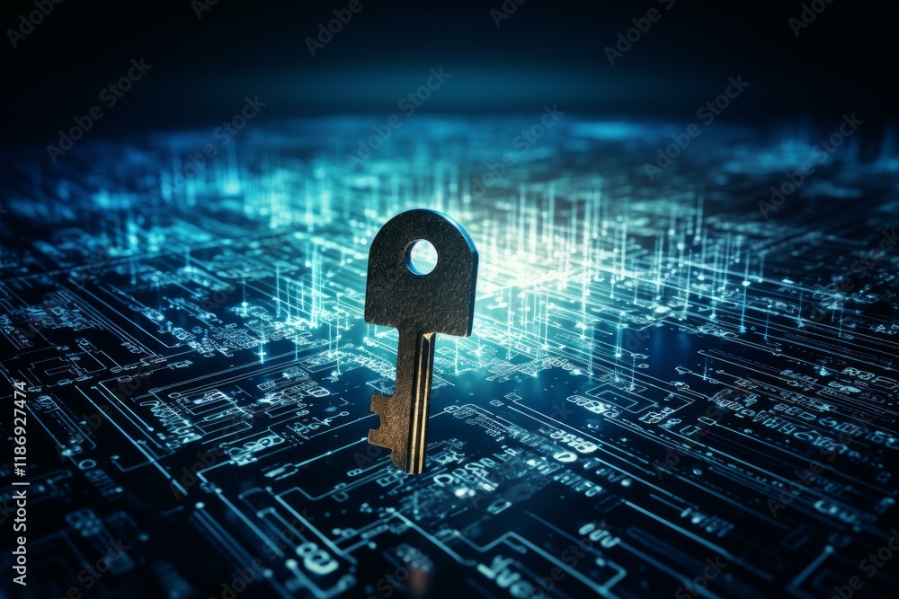 Poster metallic key standing on futuristic glowing circuit of a motherboard, representing cybersecurity and