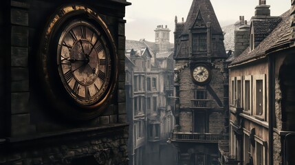 Low-angle view of a tall brick clock tower against a partly cloudy blue sky, with a modern skyscraper visible in the corner.
