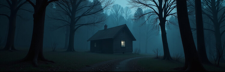 A Mysterious Hut Sits Eerily Amidst A Dark Forest At Night, Shrouded In An Unsettling Atmosphere Of Foreboding Silence. 00003