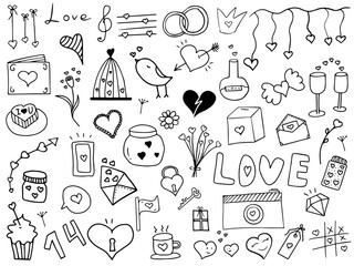 Isolated elements on a white background. A jar of wishes, a game of tic-tac-toe, hearts on a ribbon, a cup with lush foam and cookies. Vector. Doodle. The inscription is made by hand. St. Valentine's.