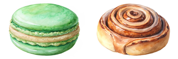 watercolor pastries, green macaron, cinnamon roll, delicious desserts, bakery illustration, food art, sweet treats