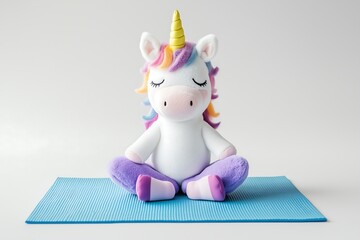 Adorable Rainbow Unicorn Plush Toy Meditating on Blue Yoga Mat, Peaceful and Serene, Cute Fantasy Creature, Soft Fluffy Texture, Rainbow    