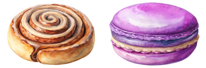 Watercolor pastries, cinnamon roll, purple macaron, dessert illustration, food art, bakery style, sweet treats.