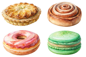 Watercolor pastries, delicious desserts, colorful donuts, sweet macarons, baked goods illustration, food art, culinary design.