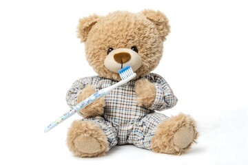 Adorable Teddy Bear in Pajamas Brushing Teeth, Cute Child Dental Hygiene Concept, Soft Toy, White Background, Healthy Habits, Oral Care,    