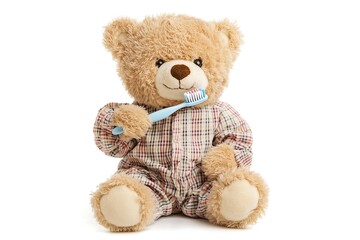 Adorable Teddy Bear in Pajamas Brushing Teeth, Cute Childrens Dental Hygiene Illustration, Soft Toy, White Background, Healthy Habits, Oral 
