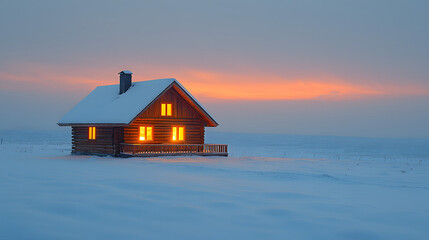 Cozy log cabin glowing warmly in a snowy winter landscape at sunset.