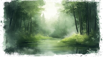 Misty forest river, sunlit path, tranquil scene, nature background, game design