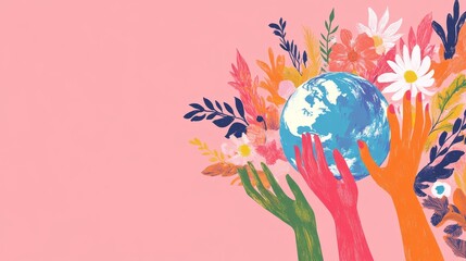 Celebrate unity and support for refugees with glowing hands holding a globe and cheerful symbols on World Refugee Day