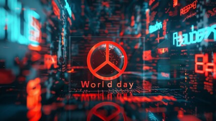 A red and blue background with a peace symbol in the center. The peace symbol is surrounded by a red circle. The background is filled with various shapes and colors