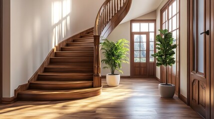Fototapeta premium Interior of modern house, wooden staircase, view from the hallway