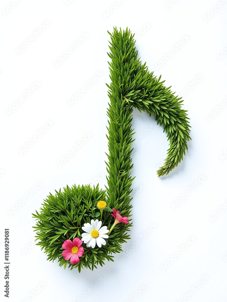 Poster a music note made from grass and flowers is isolated against a plain white background for creative f