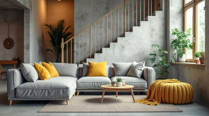 contemporary living room with gray sectional yellow accents