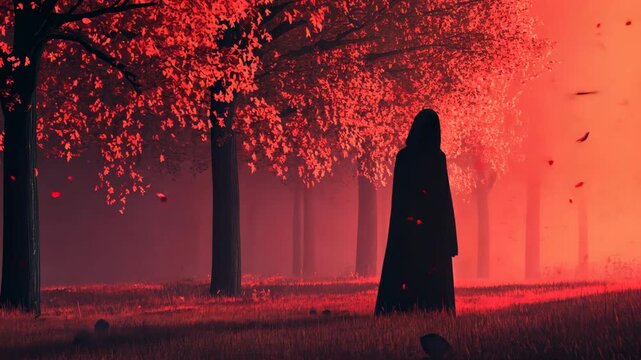 Mysterious Figure in a Red Forest with Tall Trees and Dramatic Lighting Creating an Eerie Atmosphere
