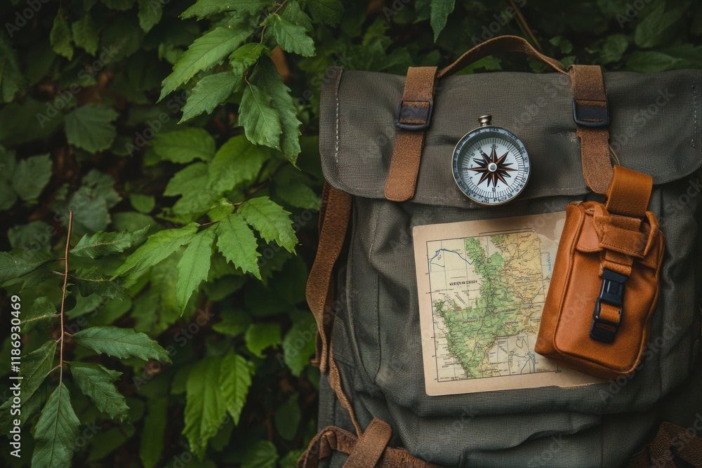 Aufkleber Exploring nature with a backpack compass and map amidst lush forest greenery. Generative AI