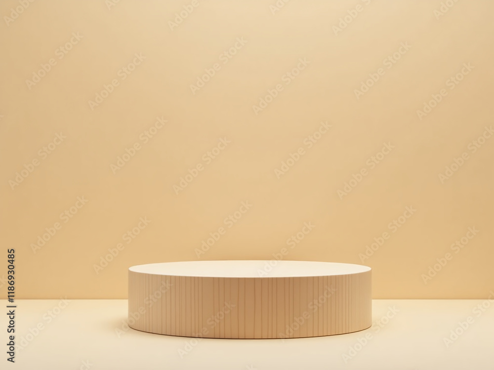 Poster a minimalist wooden podium sits on a simple beige background, ideal for product presentation in a cl