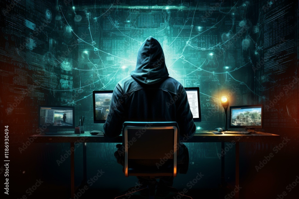 Poster hooded hacker is breaching firewalls and bypassing network security, gaining unauthorized access to 