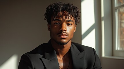 A young man with dreadlocks and a serious expression looks directly at the camera. The light shines through a nearby window, illuminating his face.