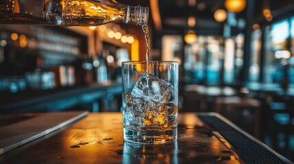 Pouring water from bottle into glass with ice cubes on table in bar.