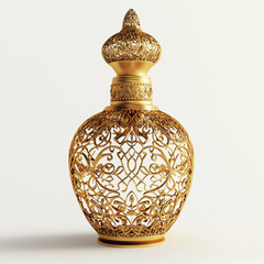 Elegant golden decorative perfume bottle with intricate filigree design, showcasing craftsmanship and luxury. Perfect for home decor or as gift