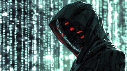 Hooded hacker in front of a binary code background. Hacking concept.