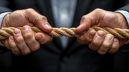 Two businessmen pulling on a rope in a tug of war competition. Image symbolize business competition, rivalry, or conflict.